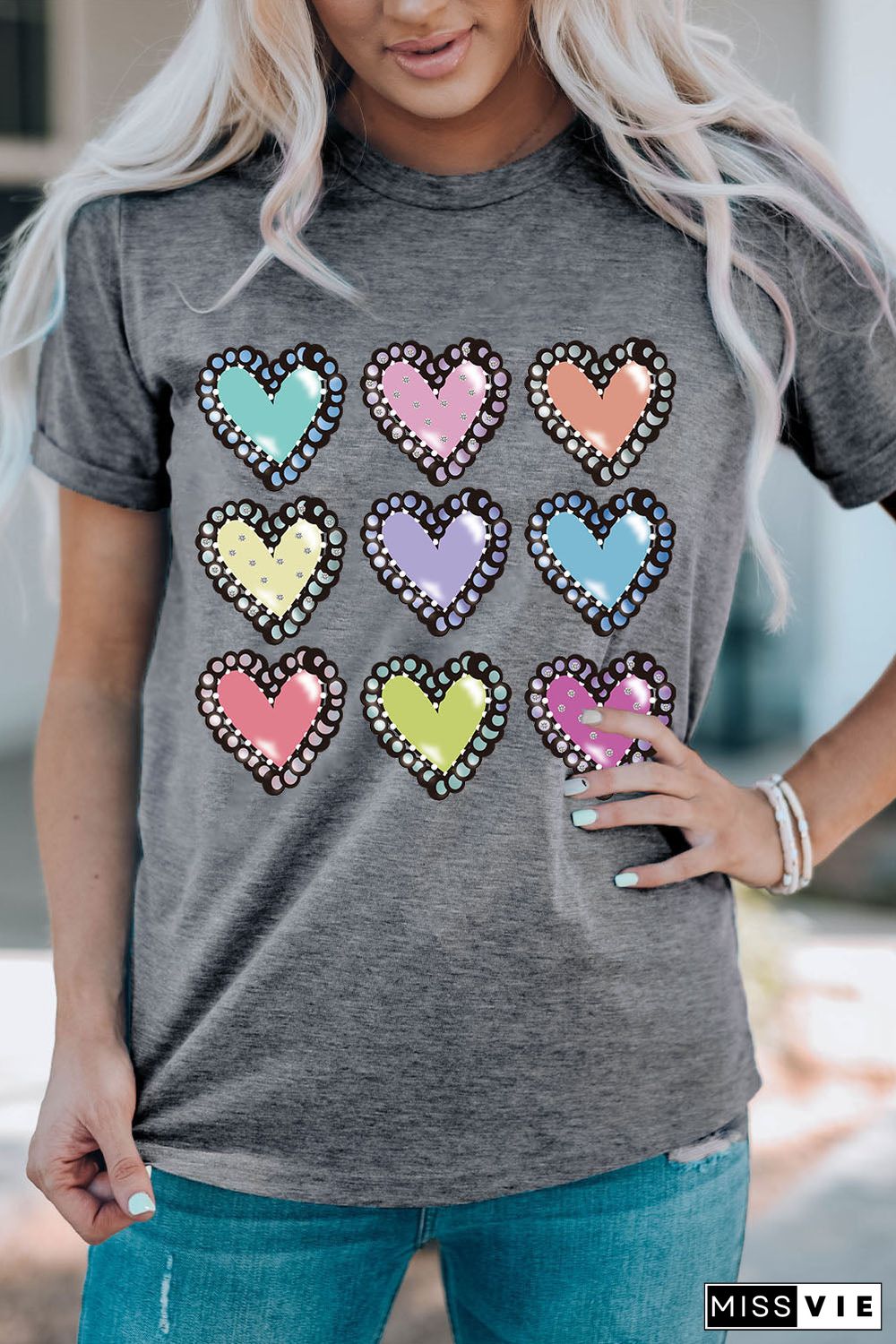 Gray Colorful Heart Shaped Print Crew Neck Casual Tee