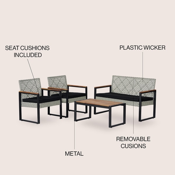 Thom 4Piece Modern Coastal Faux Wicker Conversation Outdoor Patio Set，by JONATHAN Y