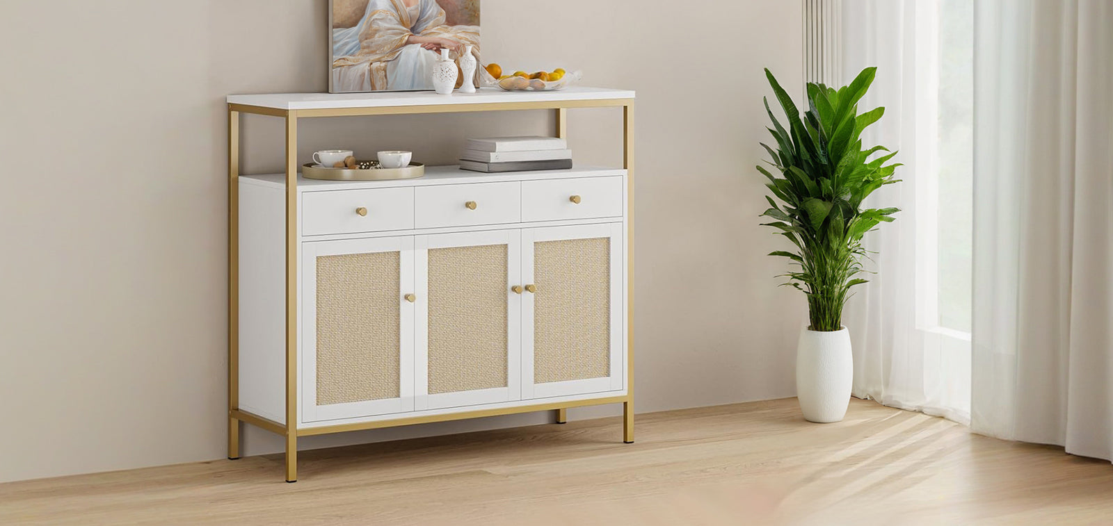 43.3 Inch White Rattan Kitchen Cabinet Dining Sideboard, Buffet Cabinet with Storage