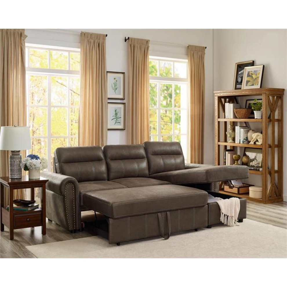 Bowery Hill Ashton Saddle Brown Microfiber Reversible Sleeper Sectional   Transitional   Sleeper Sofas   by Homesquare  Houzz