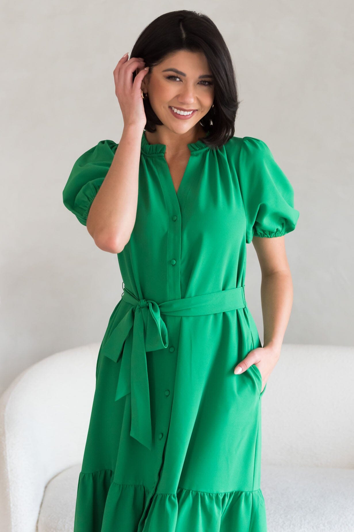 Alaska V-neck puff sleeve spring dress-vibrant green