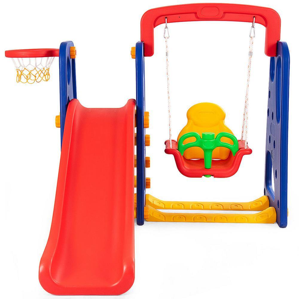 Costway 3 in 1 Junior Children Climber Slide Swing Seat Basketball Hoop Playset TY325114+