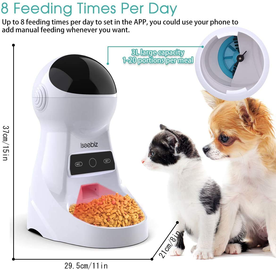 Iseebiz Smart Pet Feeder， Automatic Cat Dog Feeder， 3L WiFi App Control Timed Food Dispenser