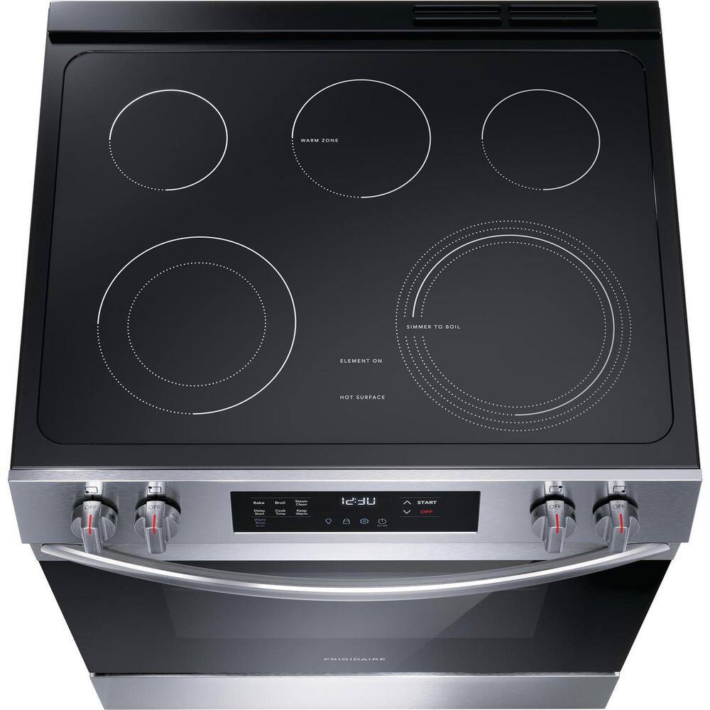 Frigidaire 30 in. 5-Element Slide-In Front Control Electric Range with Steam Clean in Stainless Steel FCFE3062AS