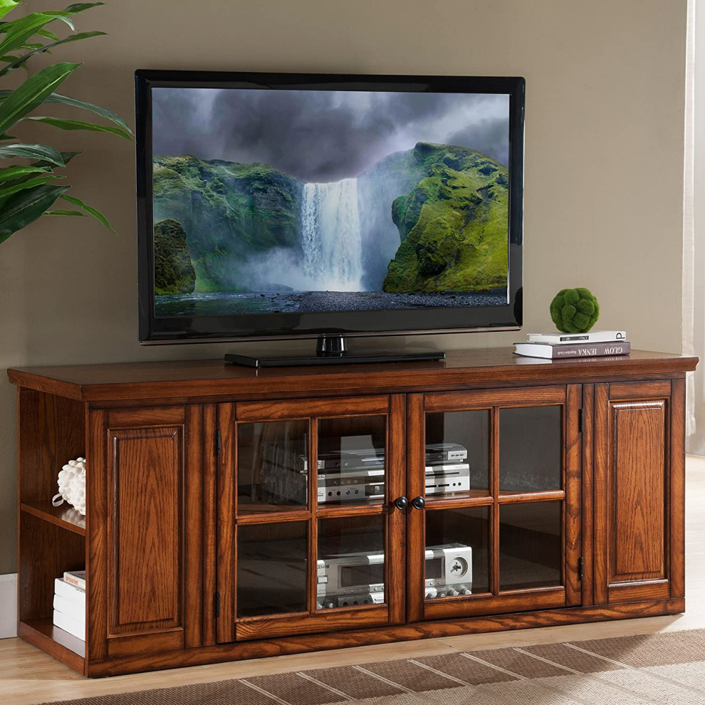 Traditional TV Stand  Side Open Shelves and Glass Door Cabinet  Burnished Oak   Contemporary   Entertainment Centers And Tv Stands   by Decor Love  Houzz