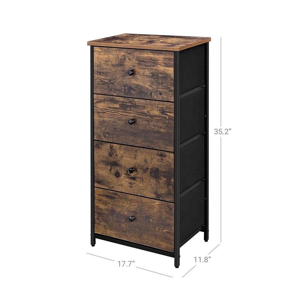 SONGMICS Rustic Vertical Dresser Tower  Industrial Drawer Dresser with 4 Drawers  Wooden Top and Front  Fabric Closet Storage