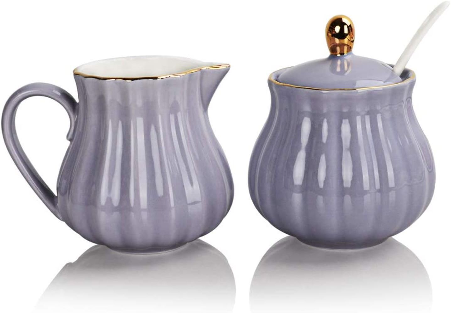 SWEEJAR Royal Ceramic Sugar and Creamer Set， 3 Piece Set with Cream Pitcher， Sugar Bowl， Sugar Set with Lid and Spoon，Purple