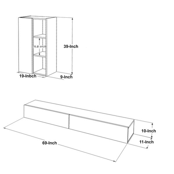 Carl 69 Inch Wall Mount TV Console Media Entertainment Center， 2 Piece Set With Cabinet， Natural