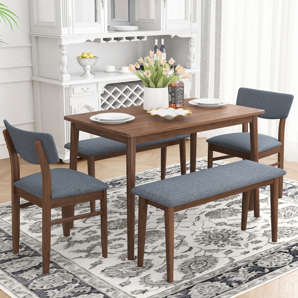 Modern Dining Table Set with 2 Benches and 2 Chairs Fabric Cushion for 6  Rubber wood Kitchen Dining Table