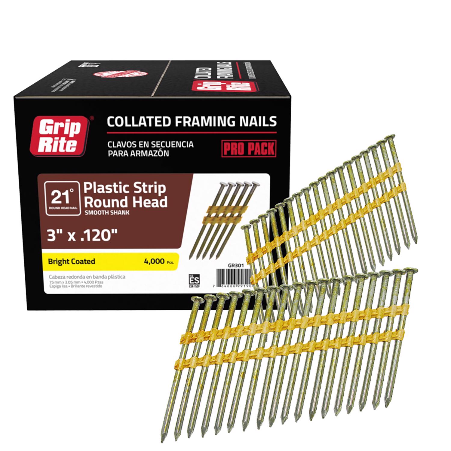 Grip-Rite 3 in. 11 Ga. Angled Strip Bright Framing Nails 21 deg 4000 pk