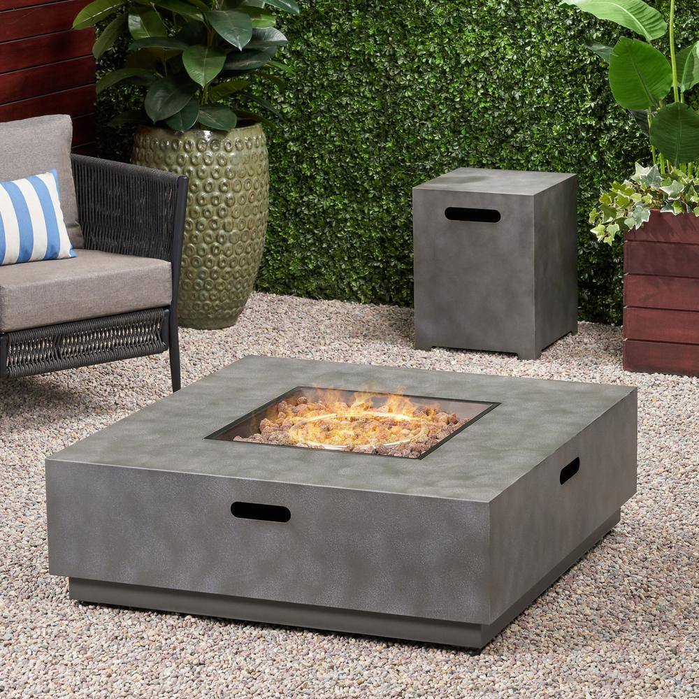 Noble House Wellington 15.25 in. x 19.75 in. Square Concrete Propane Fire Pit in Dark Grey with Tank Holder 70508