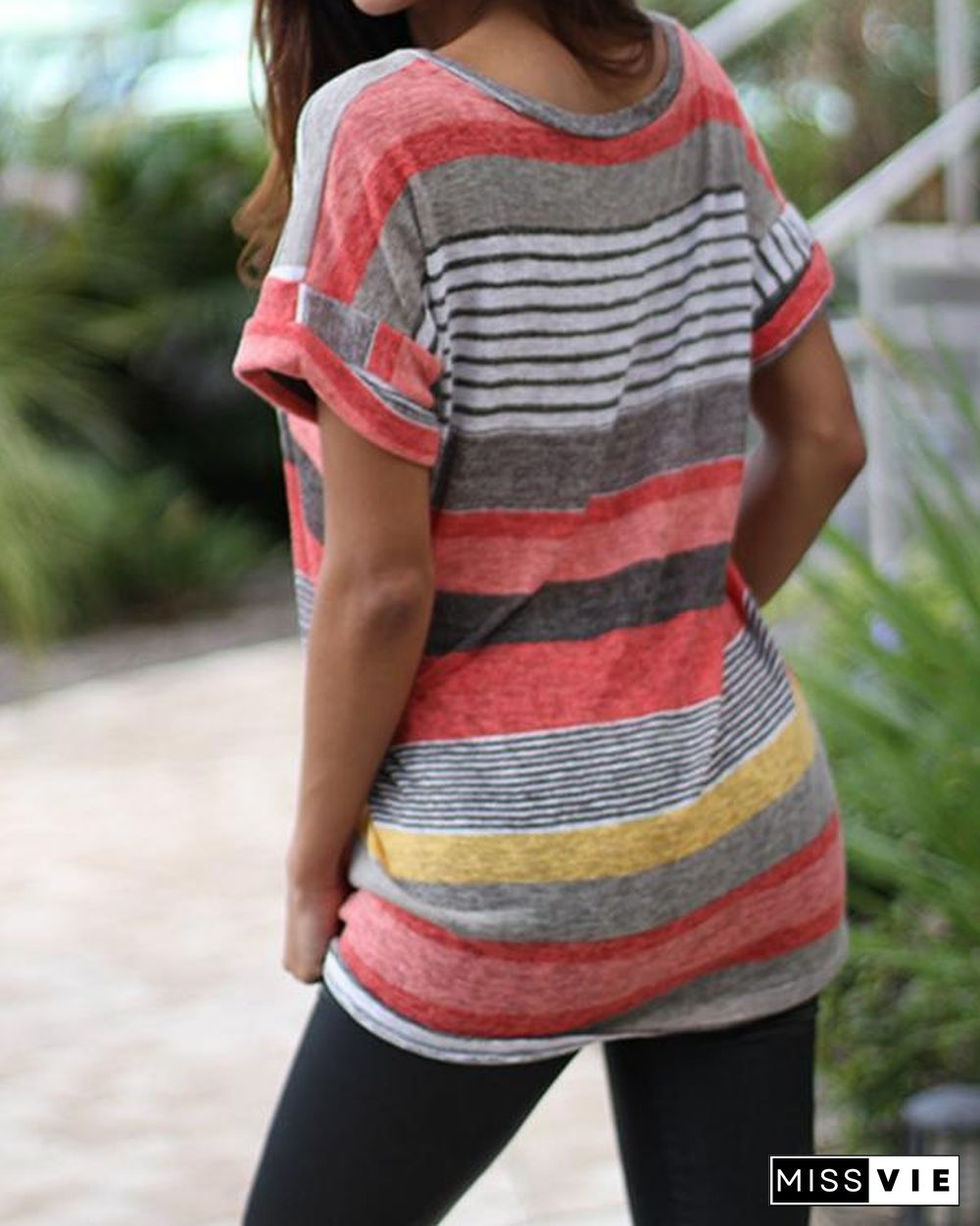 Women V-Neck Printed Striped Short-Sleeved T-shirt Top