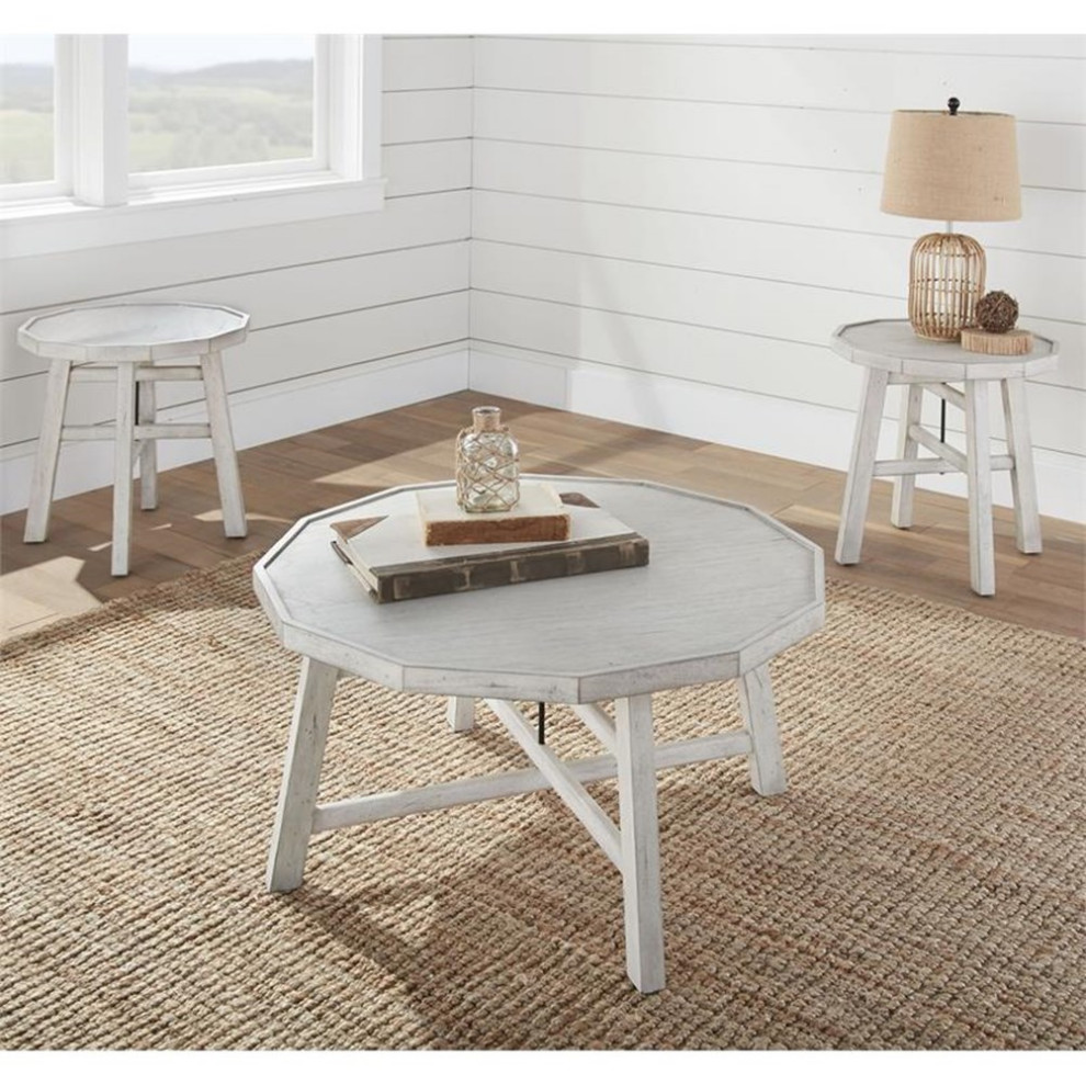 Bowery Hill Farmhouse Wood End Table in Distressed Alabaster White   Farmhouse   Side Tables And End Tables   by Homesquare  Houzz