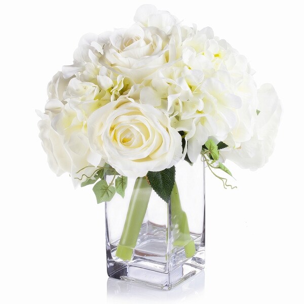 Enova Home Artificial Mixed Silk Roses and Fake Hydrangea Flowers Arrangement in Glass Vase with Faux Water for Home Decoration