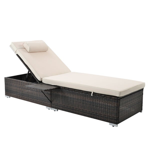 2 Piece Patio Beach Rattan Reclining Chair 6-Angle Adjustable PE Wicker Pool Chaise Lounge with Side Table and Head Pillow