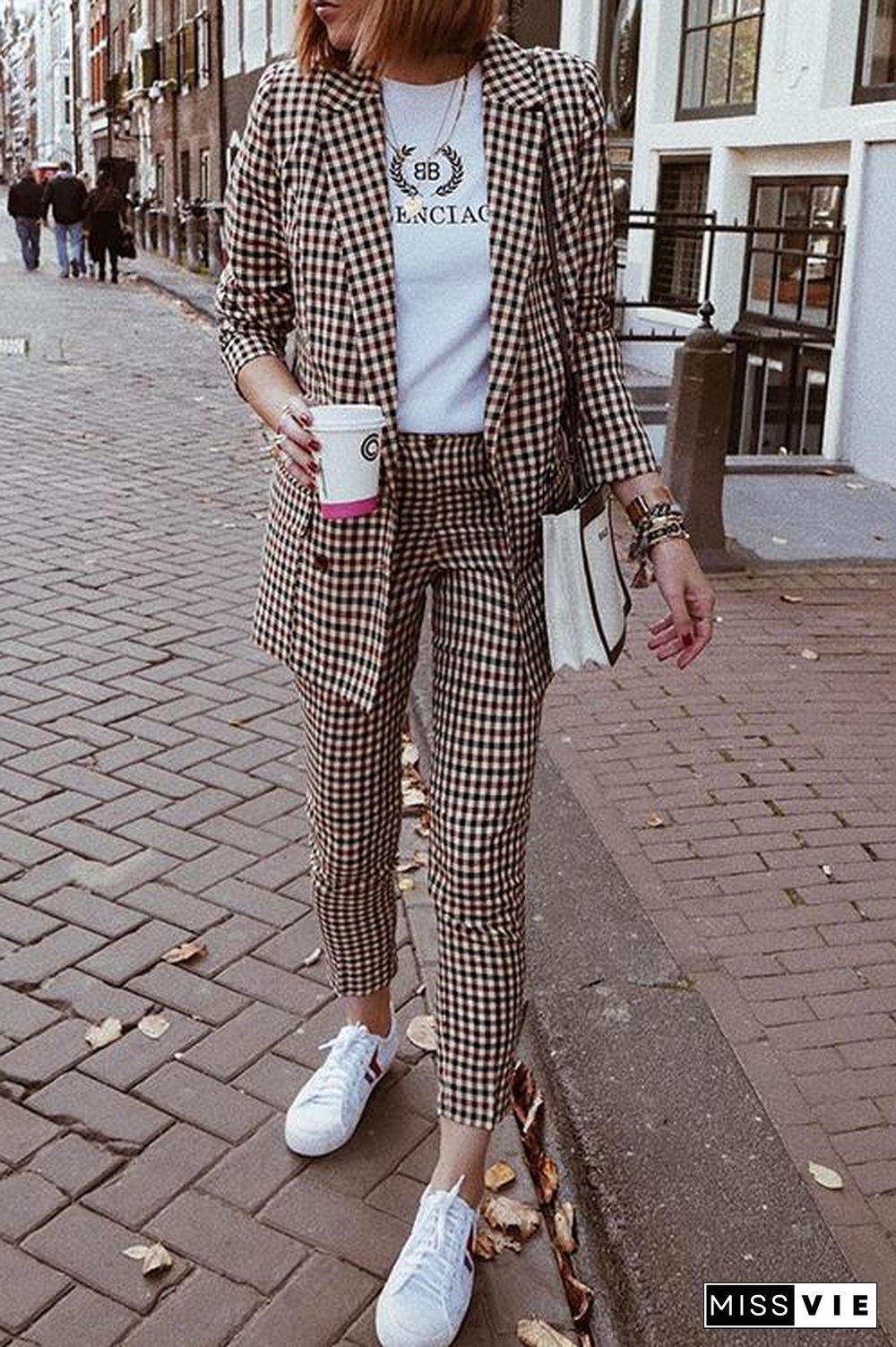 Plaid Button Long Sleeve Blazer