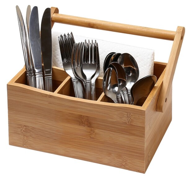 YBM HOME 4 Compartment Bamboo Cutlery and Napkin Caddy with Handle - Brown