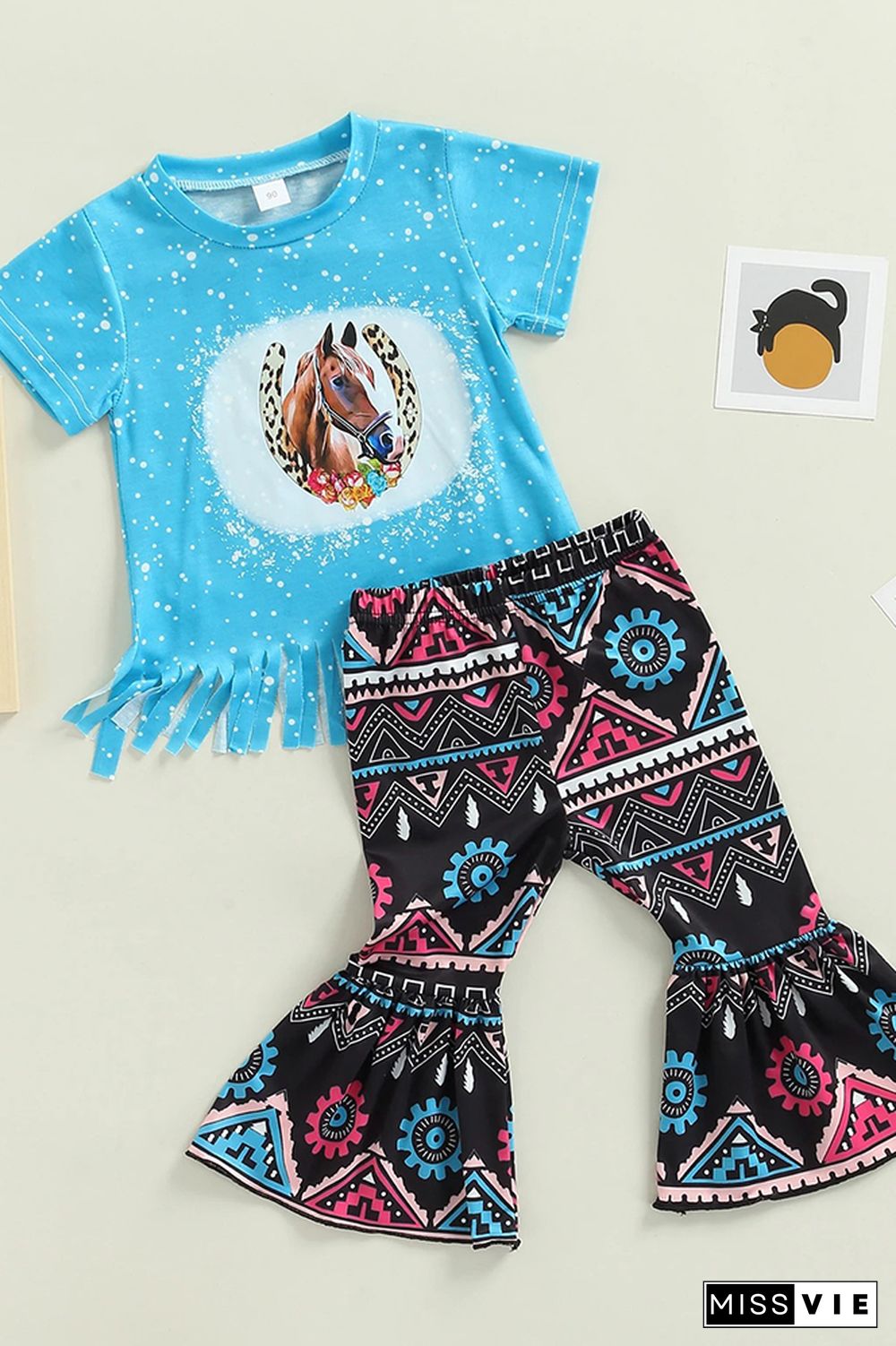 Cartoon Pattern Tassel Top & Flare Pants 2PCS Set Wholesale