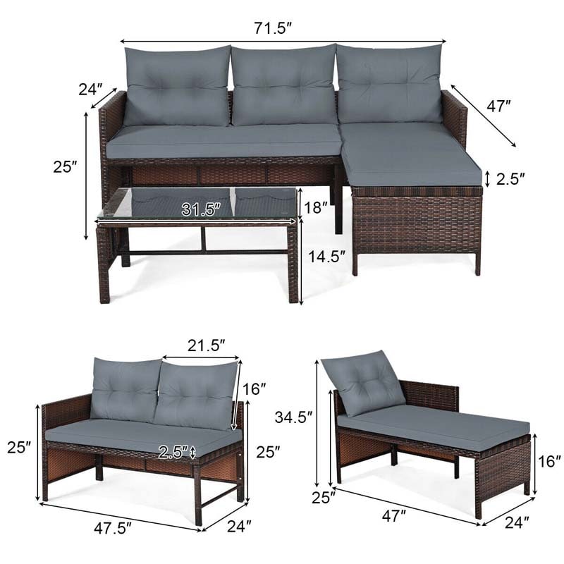 3 Pcs Rattan Patio Furniture Set Outdoor Conversation Sofa Set with Loveseat Chair & Coffee Table