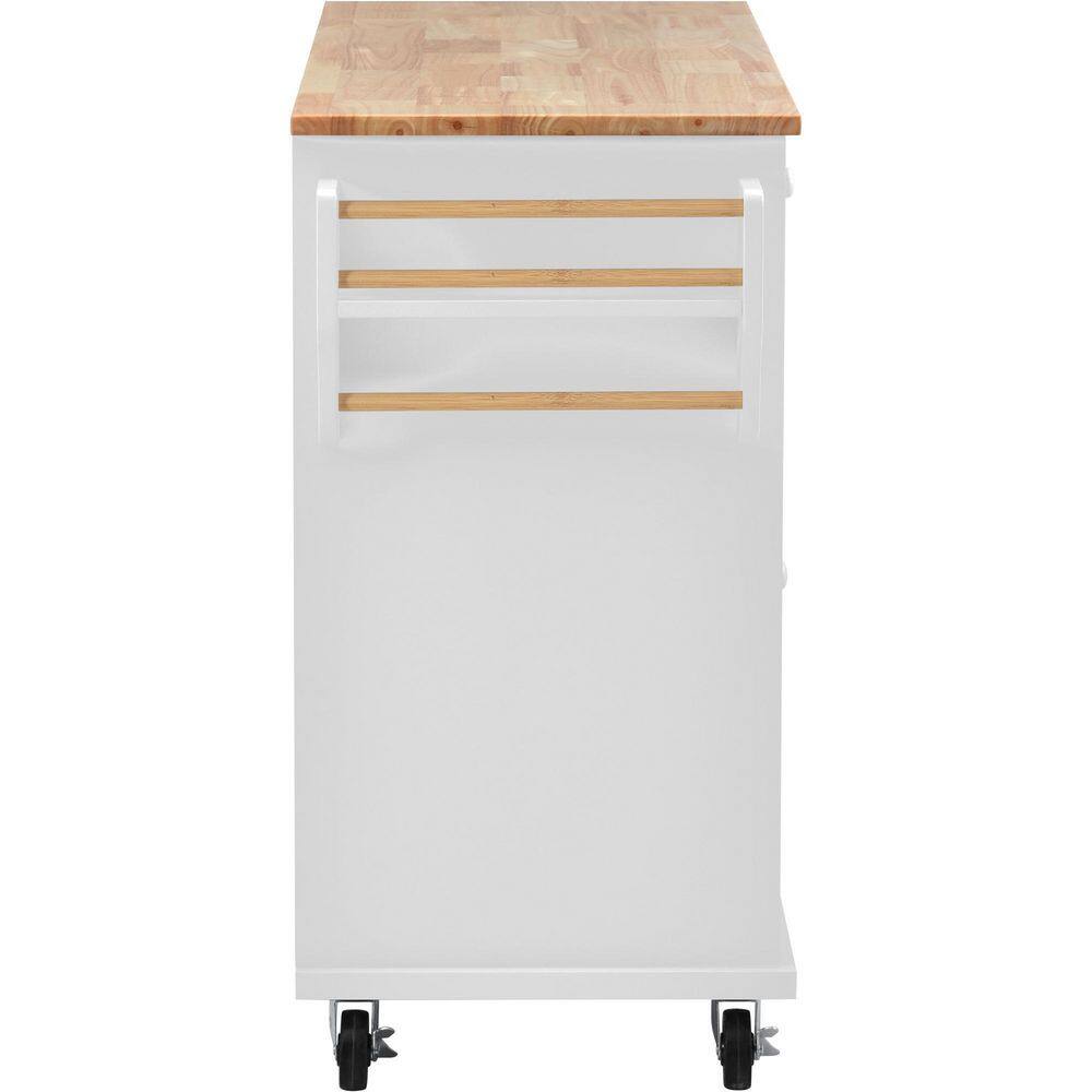 Runesay White Kitchen Island Cart Rubber Wood Desktop Rolling Mobile with Adjustable Shelves Storage and 5-Drawer KIWH-11193