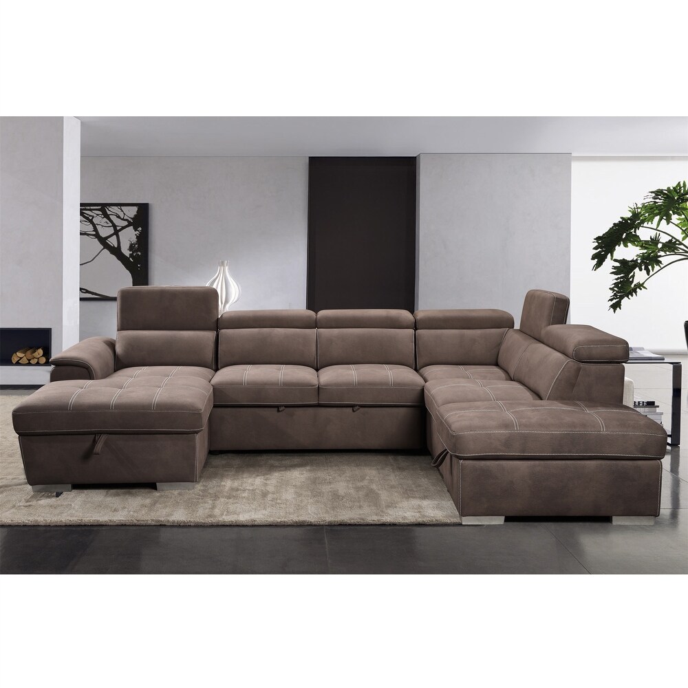 Brown U Shape Modular Sectional Sofa with Adjustable Headrest