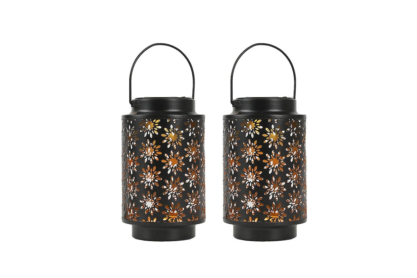 Set Of 2 Flower Pattern Solar Powered Lantern Lights With Handle