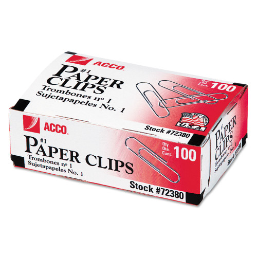 Acco Paper Clips， #1， Smooth， Silver， 100 Clips/Box， 10 Boxes/Pack (72380)