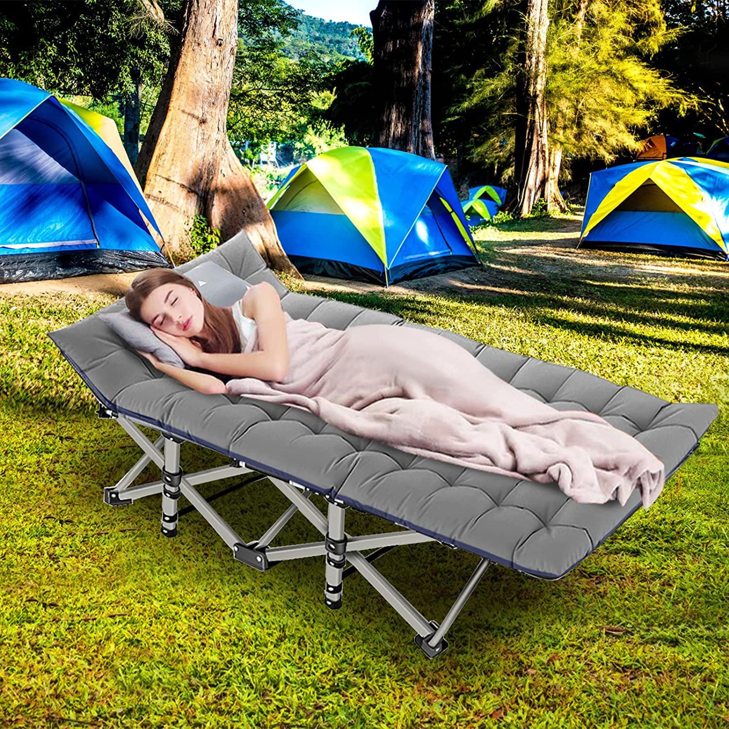 Slsy Folding Camping Cots for Adults with 2-Sided Cushion, Cots for Sleeping, Folding Cot  with Carry Bag, 880LBS(Max Load)