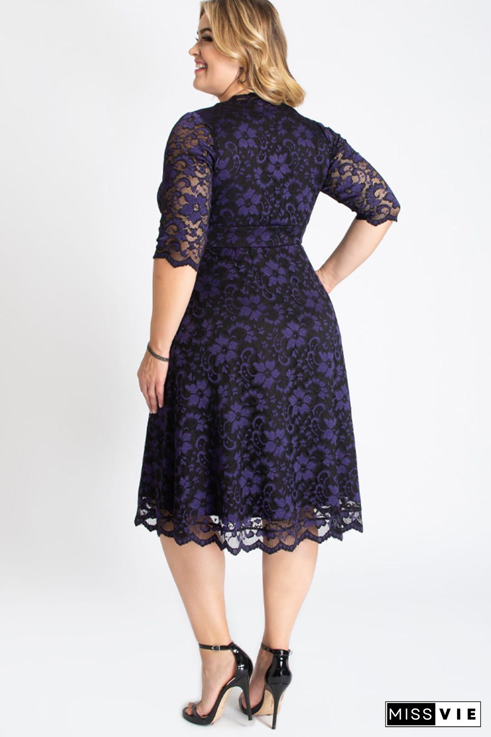 Blue Plus Size Half Sleeve Lined Lace Midi Dress