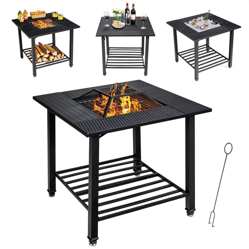 Costway 31 in. Outdoor Steel Fire Pit Dining Table Charcoal Wood Burning WCooking BBQ Grate OP70937