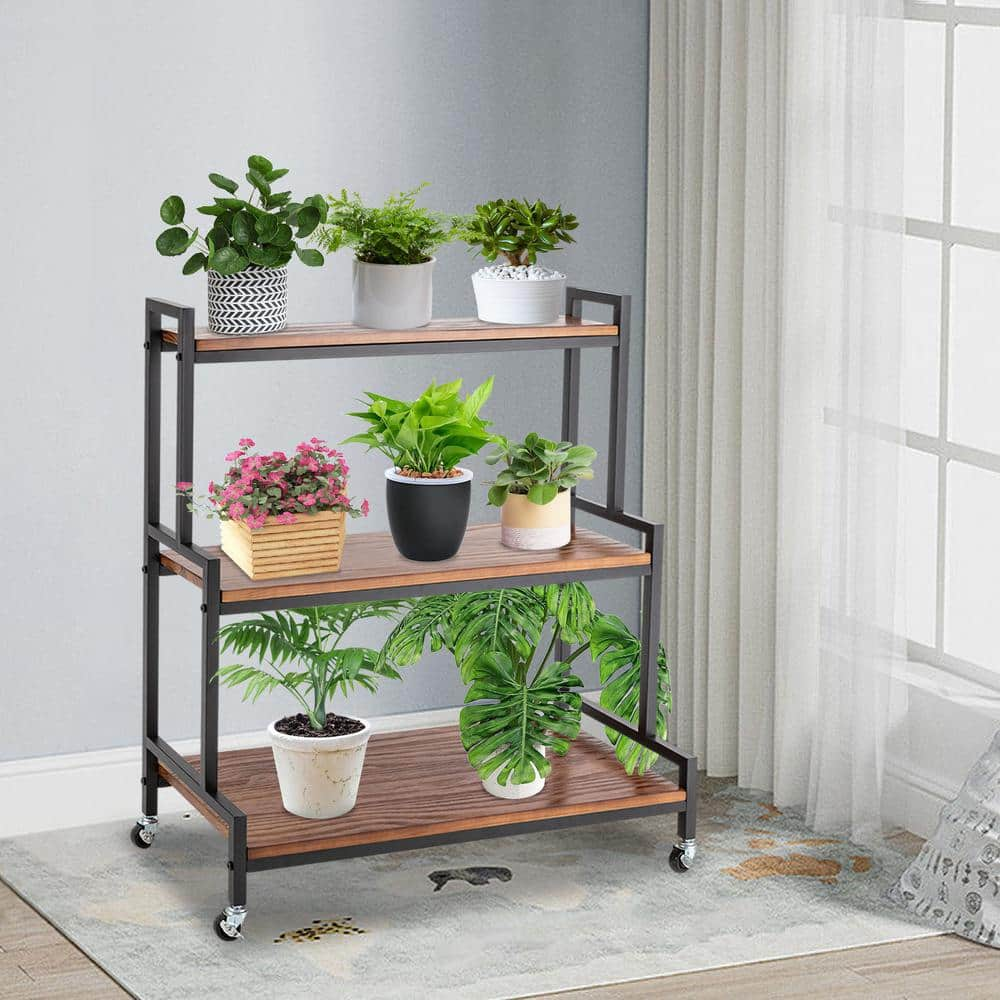 YIYIBYUS 37 in. x 31.1 in. x 13.8 in. Brown Metal Plant Stand with Wheels Indoor Outdoor Ladder Plant Flower Shelf Rack YLJHFWX8WDZJ8