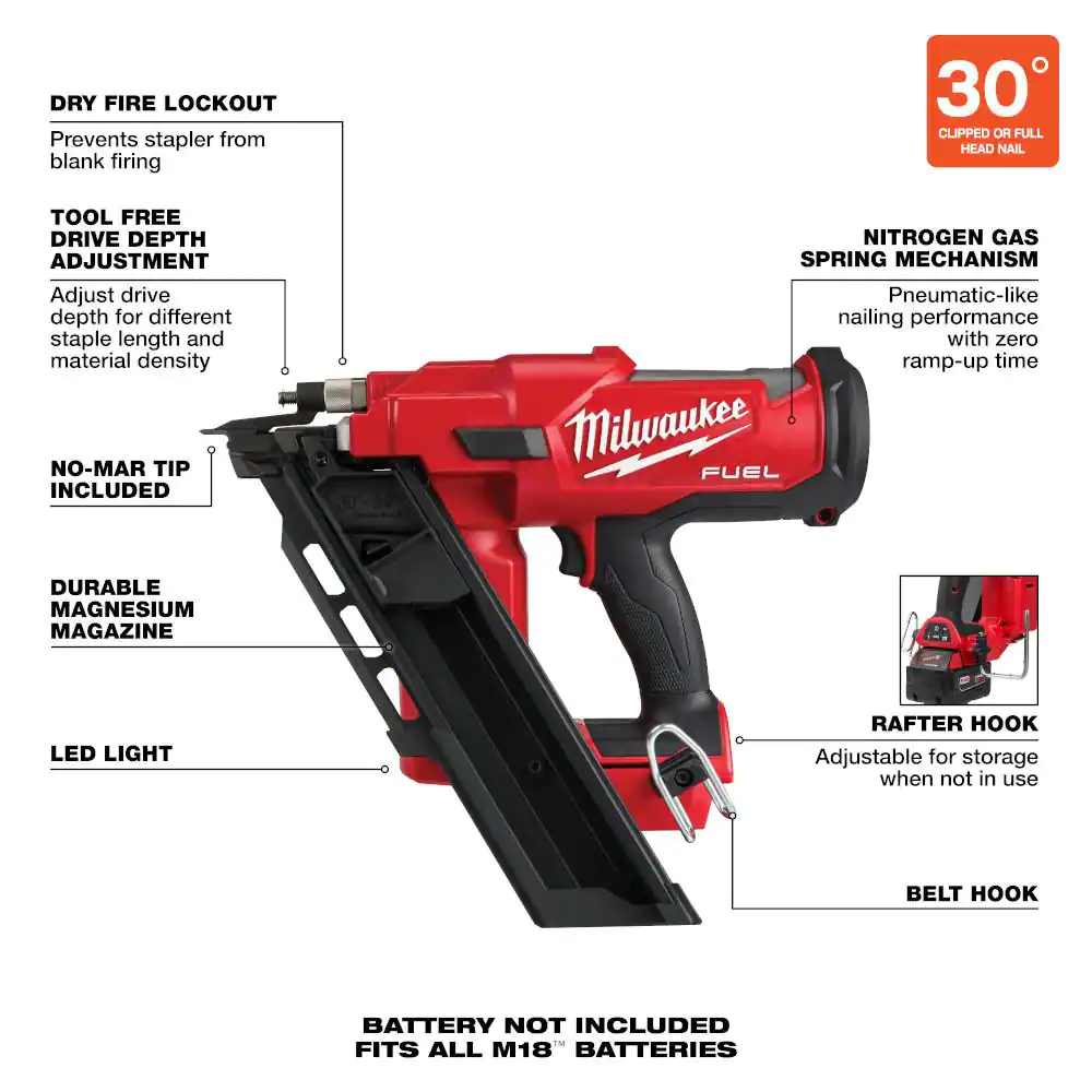 Milwaukee M18 FUEL 3-1/2 in. 18-Volt 30-Degree Lithium-Ion Brushless Cordless Framing Nailer (Tool-Only)