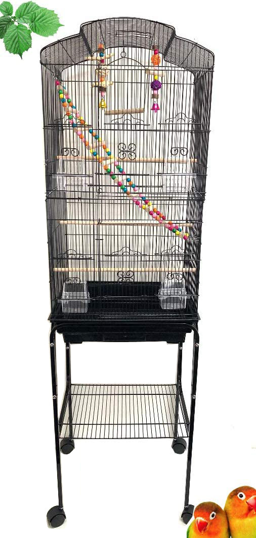 Large 64-inch Open Top Parakeet Lovebirds Flight Cage 10-Step Walk Ladder 2 Hook Play Toys With Rolling Stand for Finches Canaries Cockatiels Budgie Parrotlet Conures Pet Birdcage