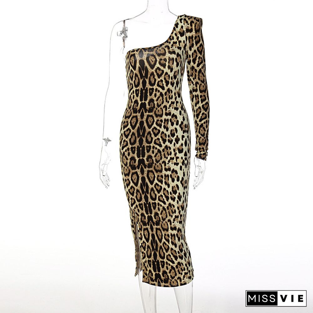 Sexy Leopard Print Long Sleeve Split Dress