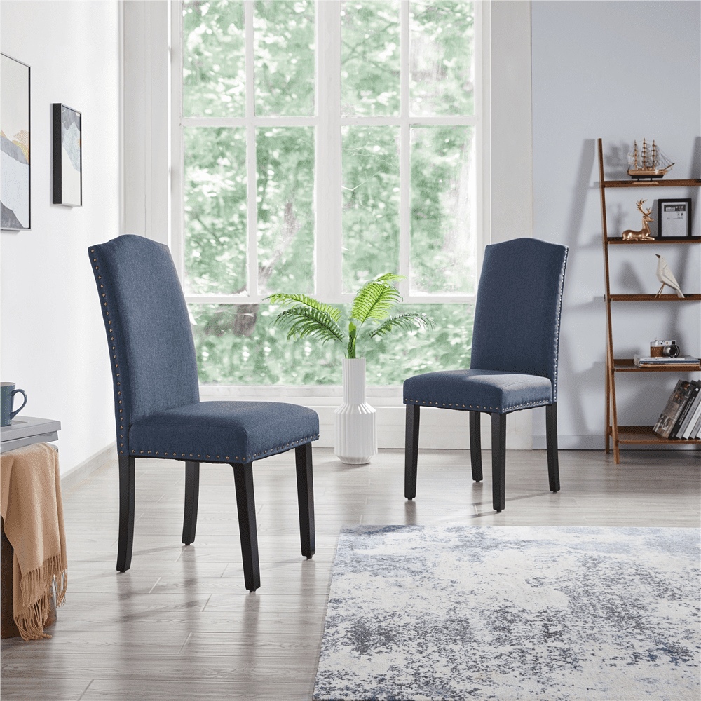 Yaheetech Set of 2 Classic Dining Chair Fabric Upholstered Kitchen Chair with Nailhead Trim Solid Wood Legs， Blue