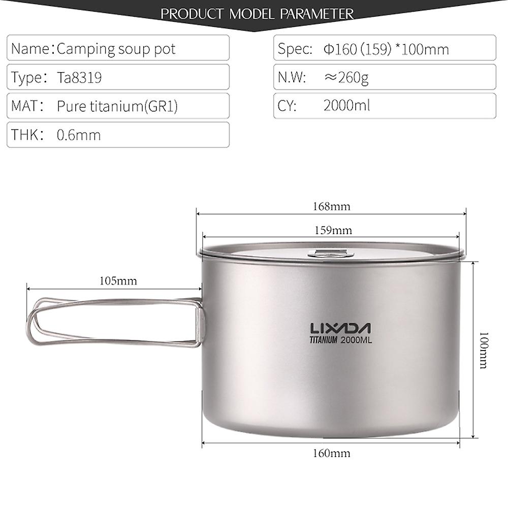 Lixada 2l Titanium Pot Lightweight Outdoor Camping Cooking Pot With Foldable Handles And Lid For Camping Hiking Backpacking Picnic No.245963