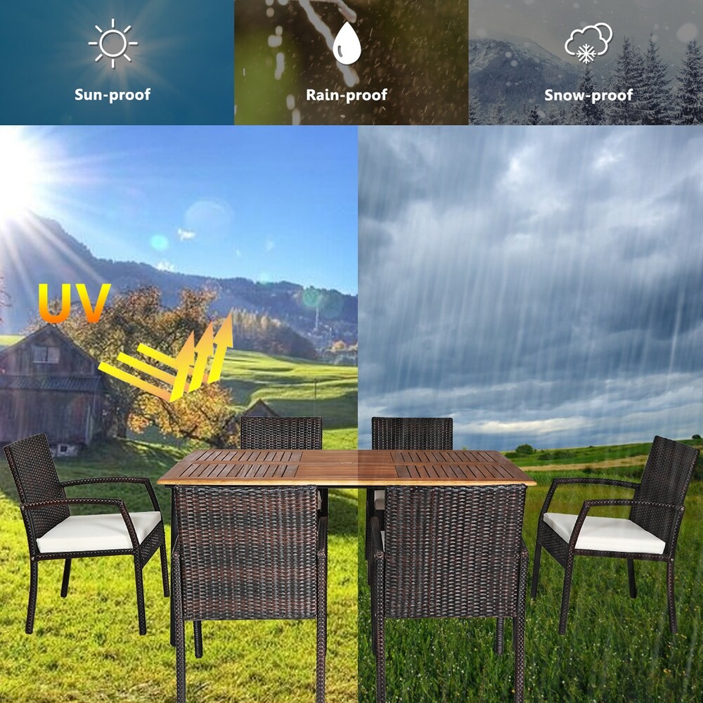 7 pc. Outdoor Rattan Dining Chair and Table Set w/ Umbrella Hole