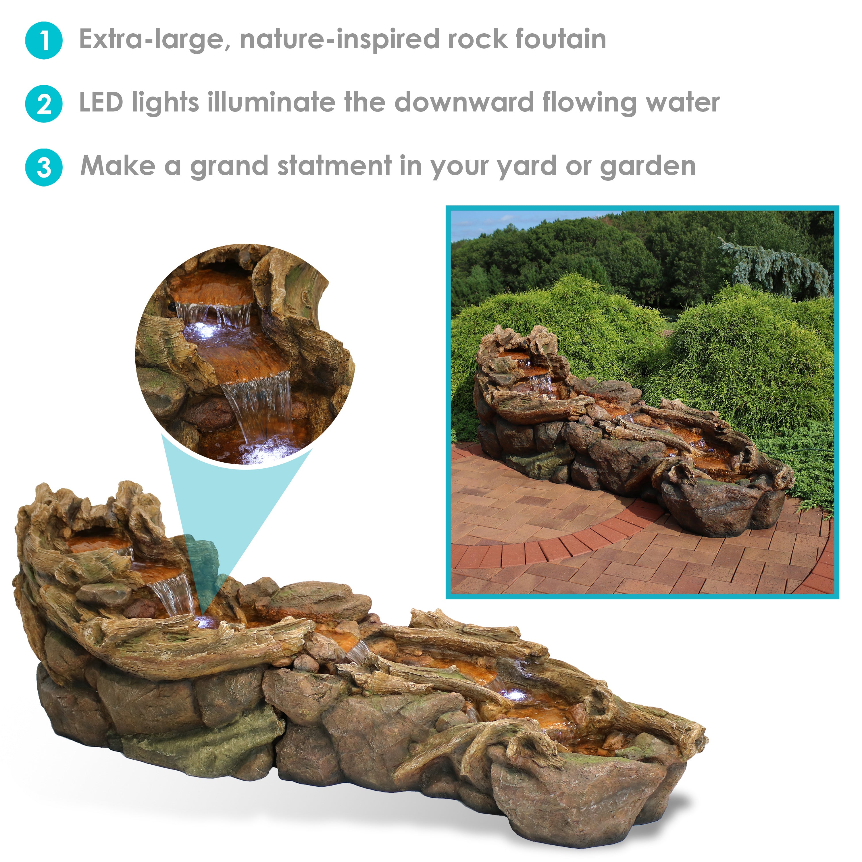 Sunnydaze 8 Foot Long Electric Polyresin Flowing Driftwood Falls Waterfall Outdoor Water Fountain with LED Lights