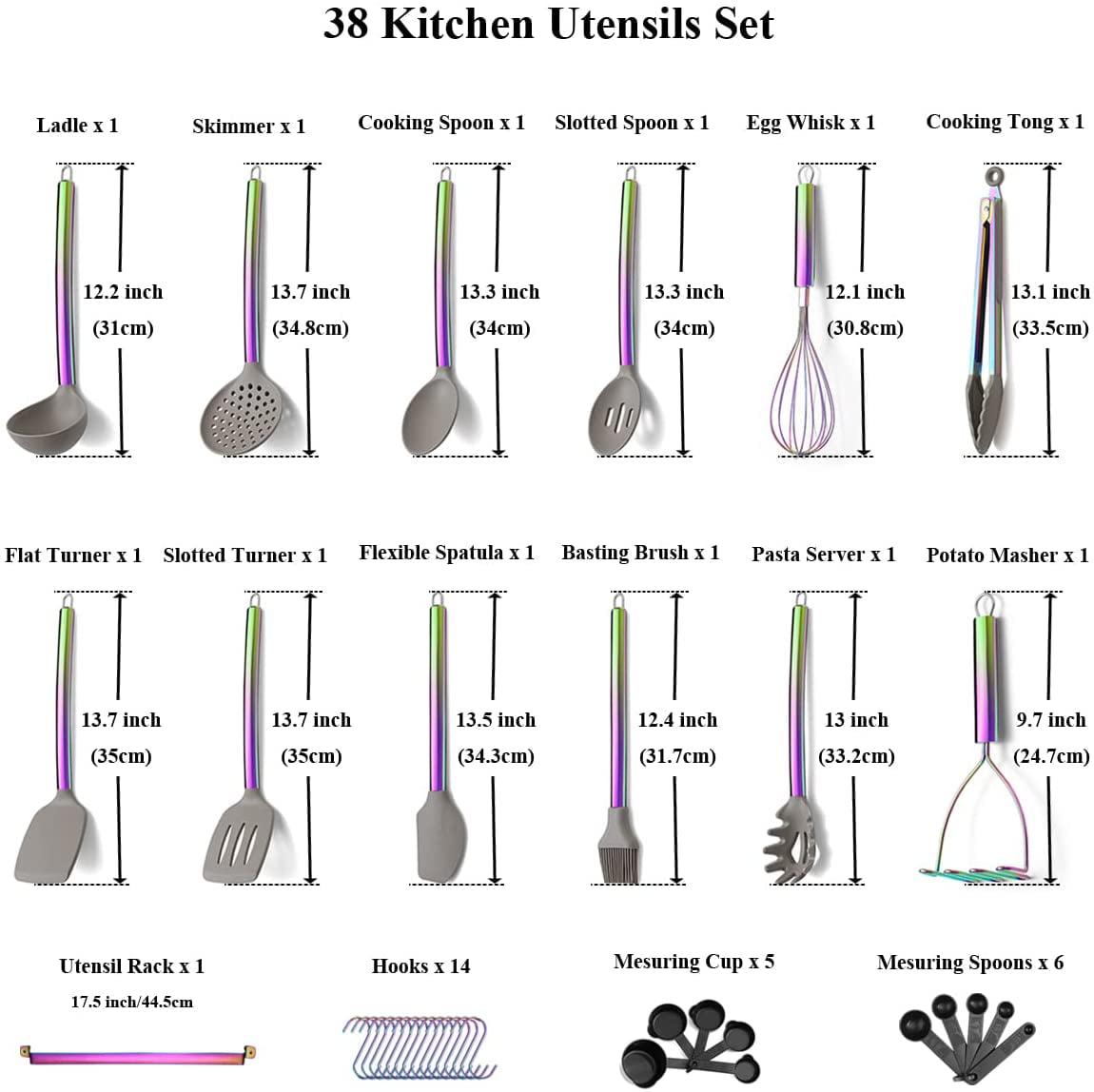 Just Houseware 38 Pcs Silicone Kitchen Cooking Utensil Setwith Utensil Rack, Food Grade Silicone Spatula Set, Non-stick Heat Resistant Silicone Cookware with Strong Stainless Steel Handle(Rainbow)