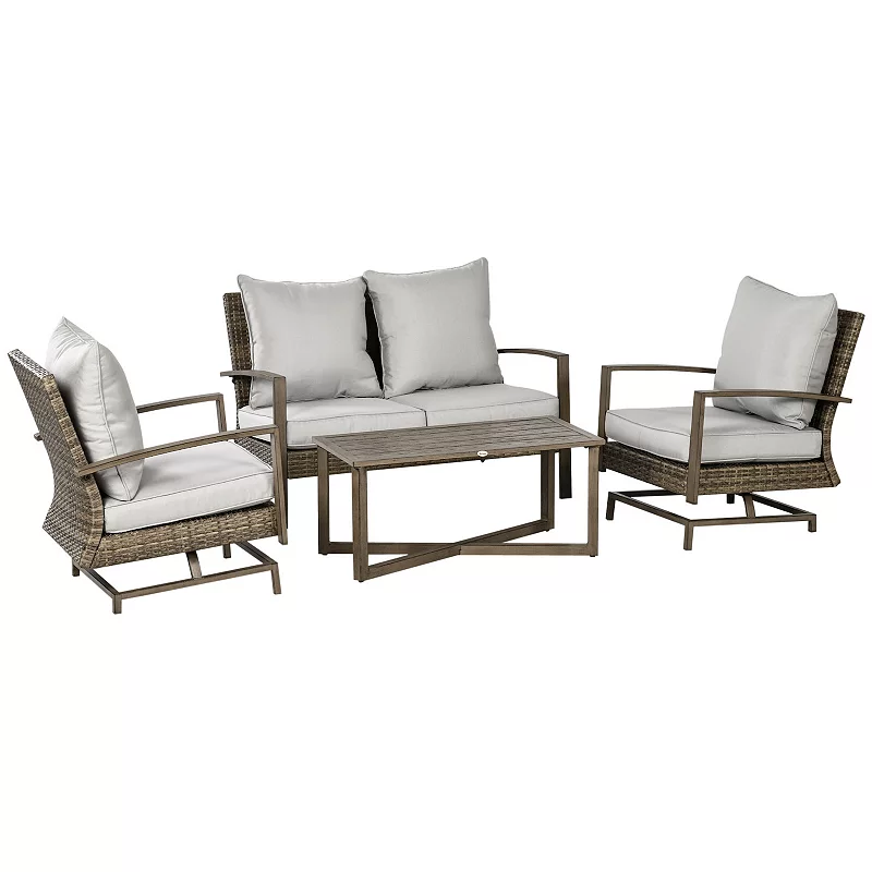 Outsunny 4 PCS Patio Furniture Set w/ Rattan Rocking Chair Table Light Gray