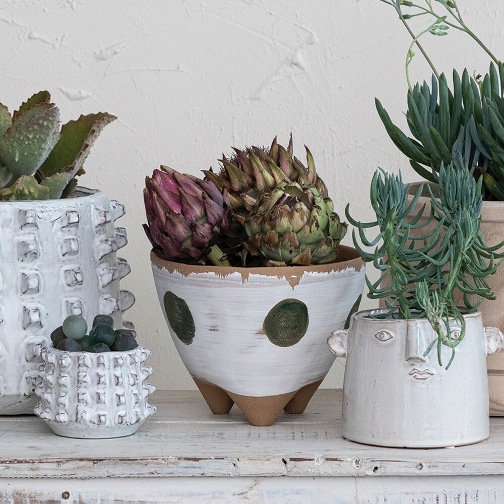 Stoneware Footed Planter with Painted Geometric Design   8.3\