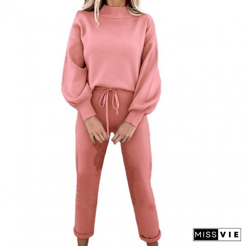 Women Outfit Trendy Elastic Waist Cold Resistant Warm Women Outfit For Office Pure Color Women Pullover Pants Set Sweatshirt Pants Set