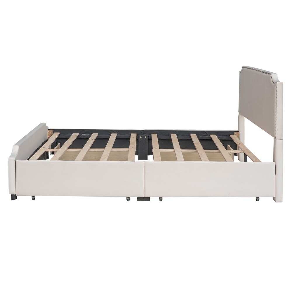 Velvet Queen Bed with 4 Drawers  Deluxe Upholstered Platform Bed w/Stud Trim Headboard   Footboard  No Box Spring Needed  Beige