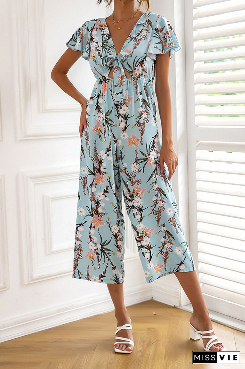 Floral Print Tie Knot Long Jumpsuit Wholesale