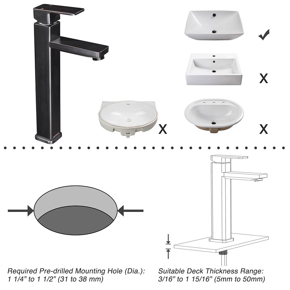 Aquaterior Bathroom Vessel Faucet Square Cold & Hot 11.8