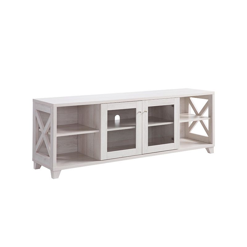 FC Design White Oak TV Stand with 4 Side Shevles and Center Transparent Cabinet