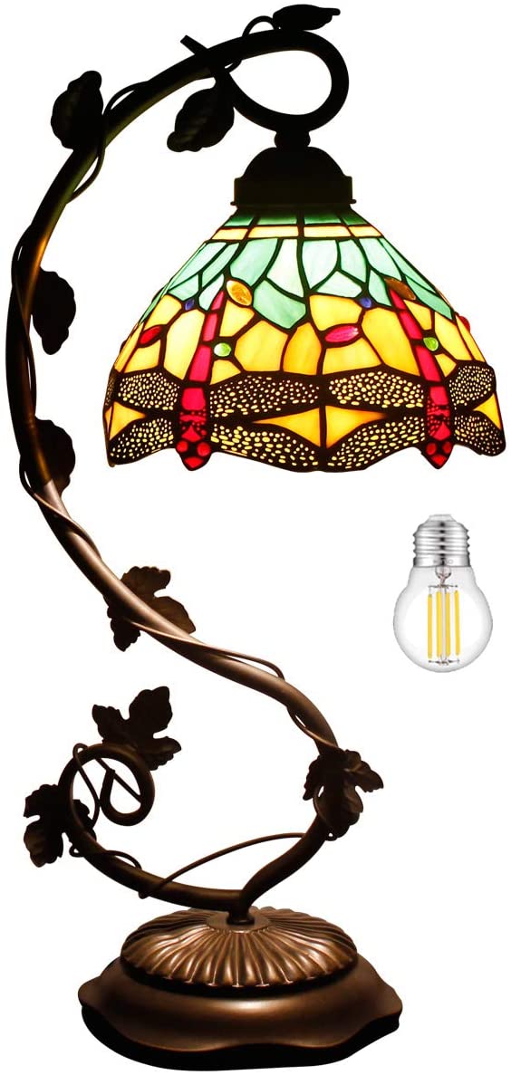 SHADY Tiffany Lamp Green Yellow Stained Glass Dragonfly Style Table Lamp Metal Leaf Base 8X10X21 Inches Desk Light Decor Small Space Bedroom Home Office S009G Series