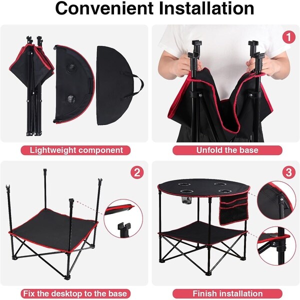 Folding Camping Table with 4 Cup Holders With Side Storage Bag，Black+red