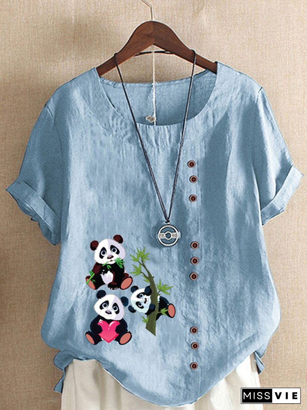 Women's Summer New Fashion Panda Print Round Neck Short-sleeved T-shirt Casual Loose Solid Color Shirt Top Plus Size