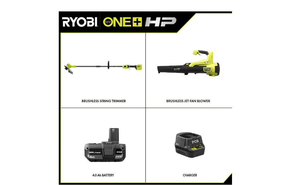 RYOBI P20121VNM ONE+ HP 18V Brushless Cordless Battery String Trimmer and Leaf Blower Combo Kit with 4.0 Ah Battery and Charger